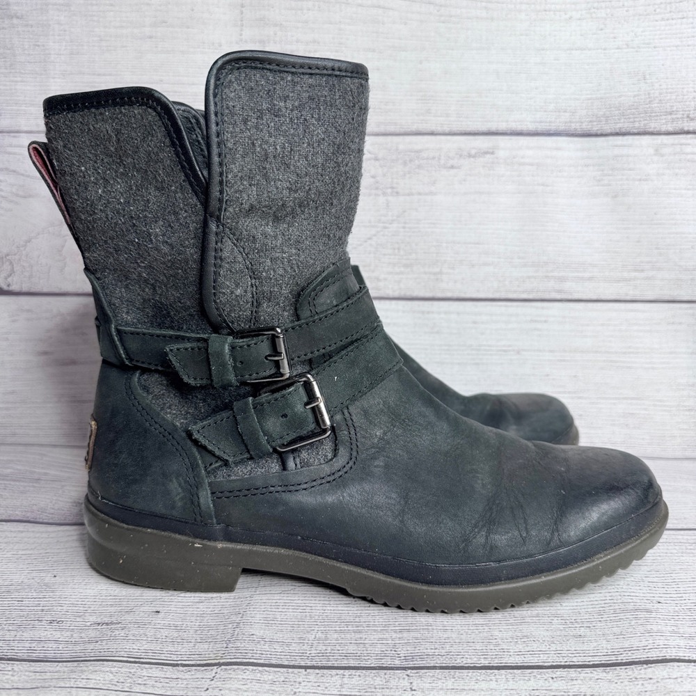 UGG Simmens Waterproof Boots Black Leather Wool Mixed Media Womens 8.5 1005269